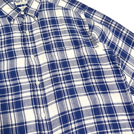 【USED】90's BANANA REPUBLIC Irish Linen Blue Plaid Button-Down Shirt