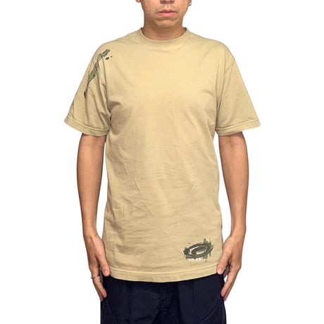 【USED】00's OAKLEY Over-Seam Glitch Graphic T-Shirt Sand Beige