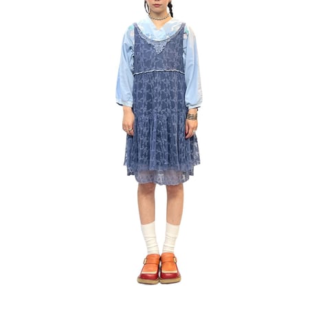 【USED】00's Holly BRACKEN SHEER LACE DRESS SLATE BLUE