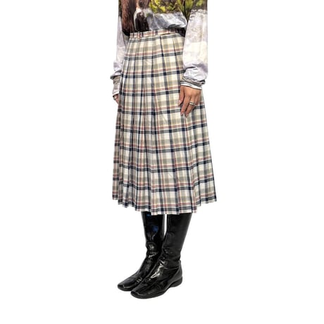 【USED】Vintage PLAID PLEATED MIDI SKIRT with LINING NAVY × BEIGE