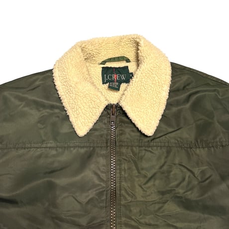 【USED】90's J.CREW Shiny Olive Shearling-Lined Bomber Jacket