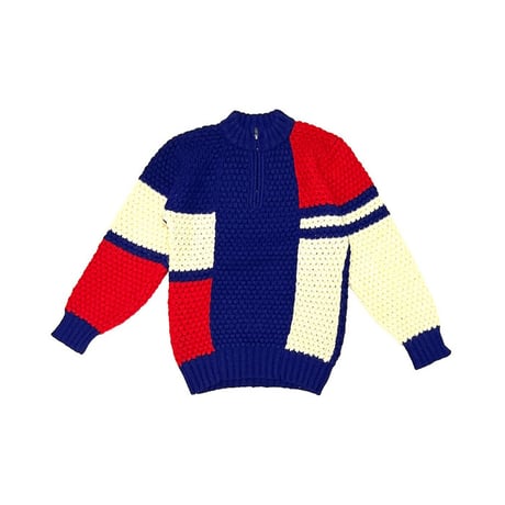 【USED】70'S-80'S TRI COLOR PIQUE KNIT HALF-ZIP WOOL SWEATER