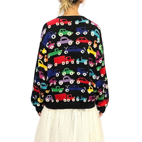【USED】80'S Christine Foley CAR PATTERN HAND KNIT CARDIGAN