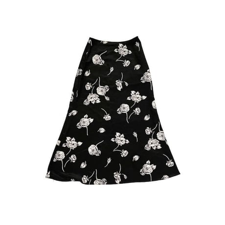 【USED】80'S TRAGICALLY HIP BLACK & WHITE ROSE PATTERN LONG SKIRT
