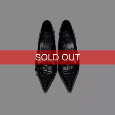 【USED】00's PRADA Pointed-Toe Kitten Heel Pumps Black Leather Buckle Detail
