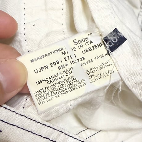 【USED】00's ARMANI JEANS Collarless Hemp Trucker Jacket
