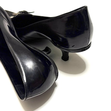 【USED】00's PRADA Pointed-Toe Kitten Heel Pumps Black Leather Buckle Detail