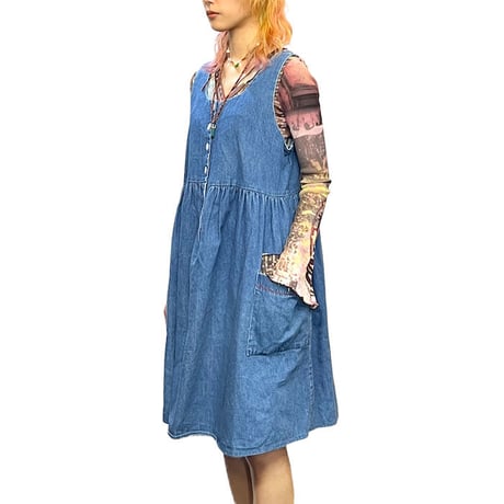 【USED】80'S JEANETTE DENIM STRAP TUNIC DRESS
