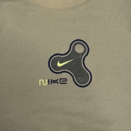 【USED】00's NIKE Hand-Spinner Flocked Logo Crewneck Sweatshirt Sand Khaki
