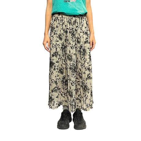 【USED】90'S BLACK & WHITE FLOWER MESH PLEATS LONG SKIRT
