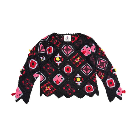 【USED】80's PENSOIO Spiritual Motif Embroidered Crochet Knit Pullover