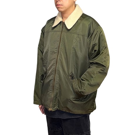 【USED】90's J.CREW Shiny Olive Shearling-Lined Bomber Jacket