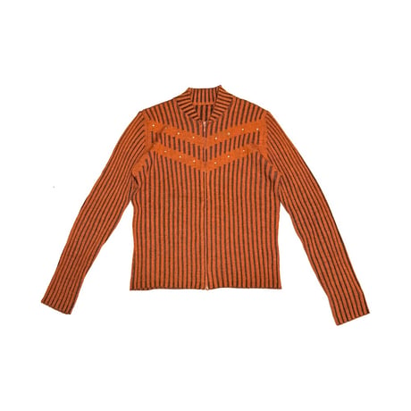 【USED】90's Sheer Stripe Zip-Up Knit Top with Stud Details