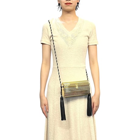 【USED】80's Yves Saint Laurent GOLD PLEXIGLASS with LEATHER TASSEL EVENING BAG