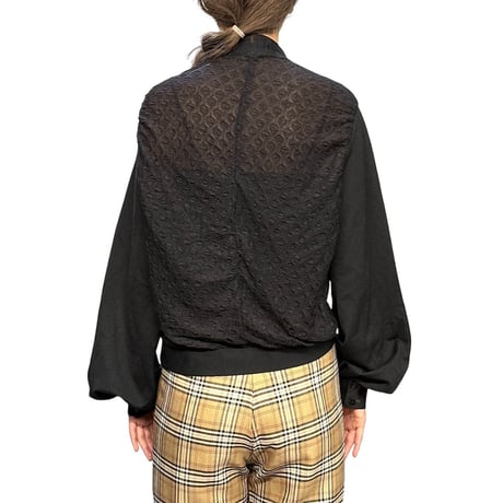 【USED】80's Black Sheer Puff Sleeve Bow Blouse