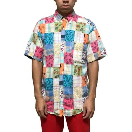 【USED】90'S TOMMY HILFIGER PATCHWORK S/S SHIRT