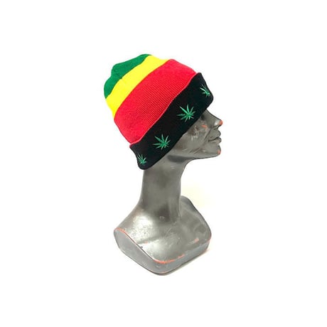 【USED】90'S RASTA COLOR MARIJUANA KNIT BEANIE