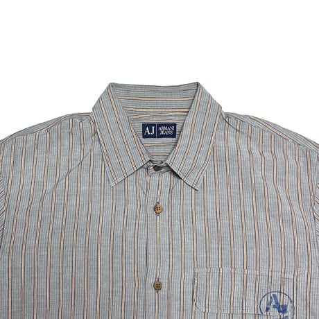 【USED】00's ARMANI JEANS Stripe Shirt with AJ Seal-Stamp Flap Pocket