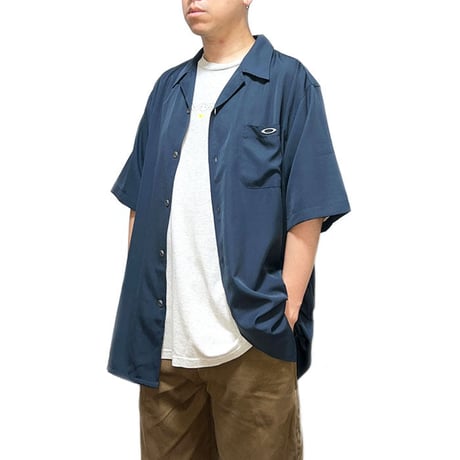【DEAD STOCK】00'S OAKLEY OPEN COLLAR SHIRT NAVY BLUE