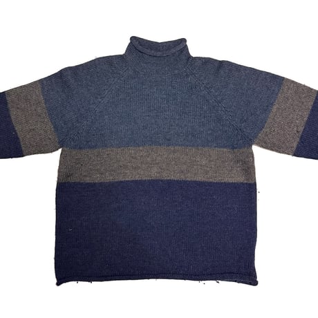 【USED】00's J.CREW Roll-Neck Wool Sweater - Slate Blue × Charcoal × Navy Block Stripes