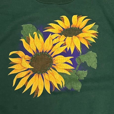 【USED】90's McBea Sunflower Print Crewneck Sweatshirt Forest Green
