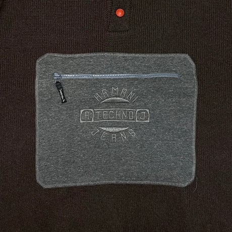 【USED】90's ARMANI JEANS TECHNO KANGAROO POCKET HI-NECK WOOL KNIT SWEATER
