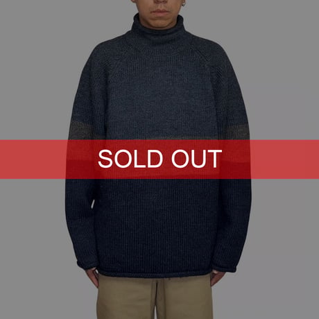 【USED】00's J.CREW Roll-Neck Wool Sweater - Slate Blue × Charcoal × Navy Block Stripes