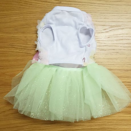 【犬のドレス】お花とリボンのグリーンラメチュチュサマードレス