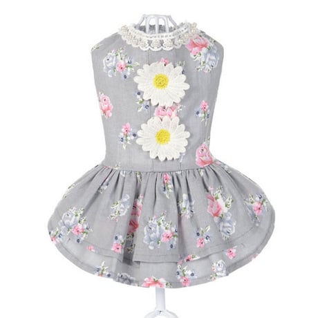【犬服】グレーのドレスに可愛いお花