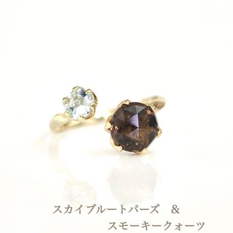 オーダー受注　フォークブーケリング　スカイブルートパーズ&スモーキークォーツ