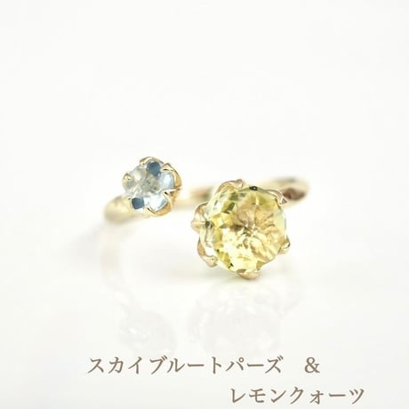 オーダー受注　フォークブーケリング　スカイブルートパーズ&レモンクォーツ
