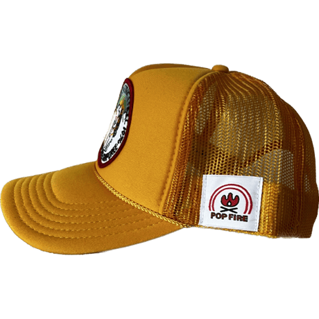 POPFIRE©︎ x MADE BY SEVEN -REUSE- MESH CAP / 70s〜80s ヴィンテージ キャンプ＆アウトドア ワッペン-GOLD “1974”