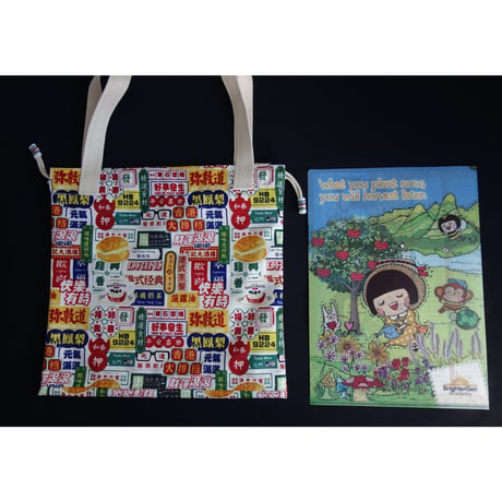 ☆Handmade☆【香港☆永利軒】３種類 「看板柄」巾着トートバッグ  / アート柄は２種類　#309309N