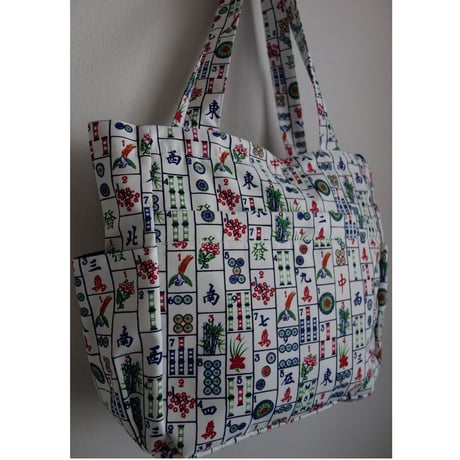 ☆HANDMADE☆【香港・TOTE BAG】＜麻雀柄＞ポケットたくさんのトートバッグ   #3082924N