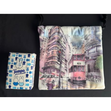 【香港☆Sabe Handmade】 美しい叮叮巾着/  香港の街のスケッチが巾着になりました #6012917N