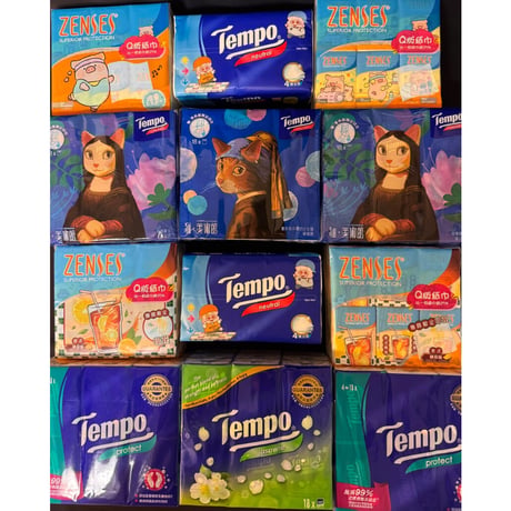【香港☆限定Tempo】＜限定印花＞ 使い捨てハンカチ🐱＜猫・美術館＞（ティッシュ）/　デザインはシュー・ヤマモト　＜18pcs＞  #608291R