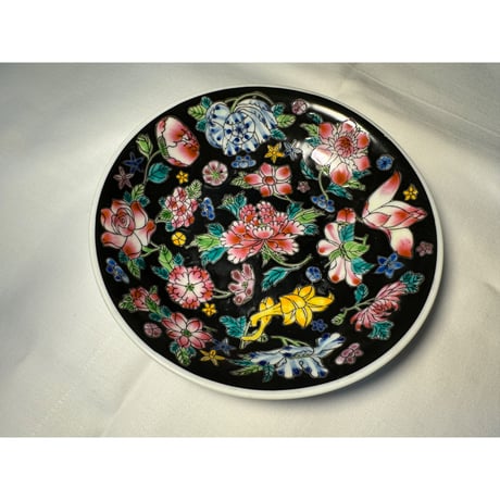 【香港☆中国景徳鎮】1980s 中皿・取り皿「黑花」「萬壽無彊」  /  食卓が華やかに  #4103033R
