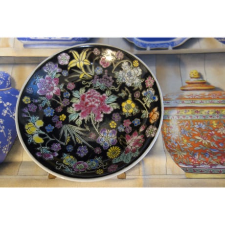 【香港☆中国景徳鎮】1980s 中皿・取り皿「黑花」「萬壽無彊」  /  食卓が華やかに  #4103033R