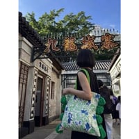 【香港☆崇明土布】手作・大きなポンポン付き/ とても華やかなトートバッグ  #6052936N