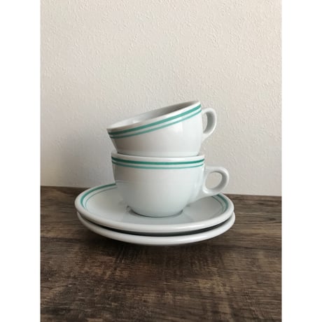 【香港☆茶餐廳食器】＜緑辺＞衝撃に耐えて頑張る食器  /  Cup & Saucer  #405297R