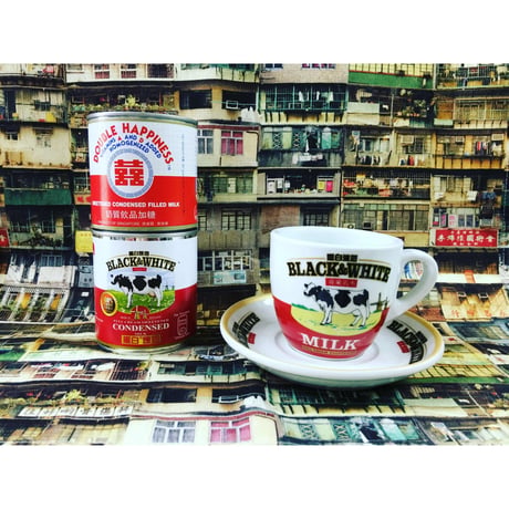 【香港☆茶餐廳食器】＜定番・第一世代アート＞黑白淡奶BLACK&WHITE / 衝撃に耐えて頑張るCup & Saucer #512301R