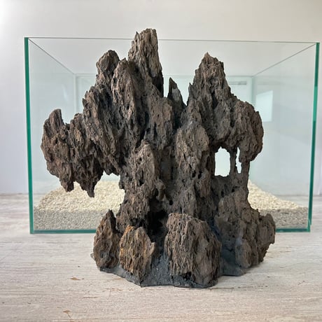 気孔石山（幅大きめ）（美型） 一点物の水槽オブジェ No. 4945  (45cm水槽)(W約28cm/H約28cm)
