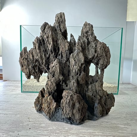 気孔石山（幅大きめ）（美型） 一点物の水槽オブジェ No. 4945  (45cm水槽)(W約28cm/H約28cm)