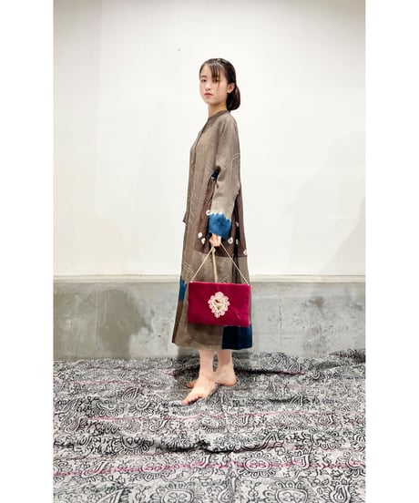 ハンド刺繍ショルダーバッグ/別珍Wine red