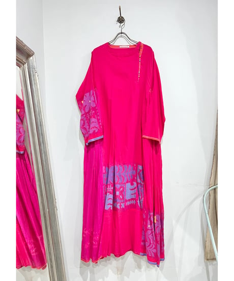 injiri/コットン100%・フロント釦ジャムダニ織りドレス/ザクロ