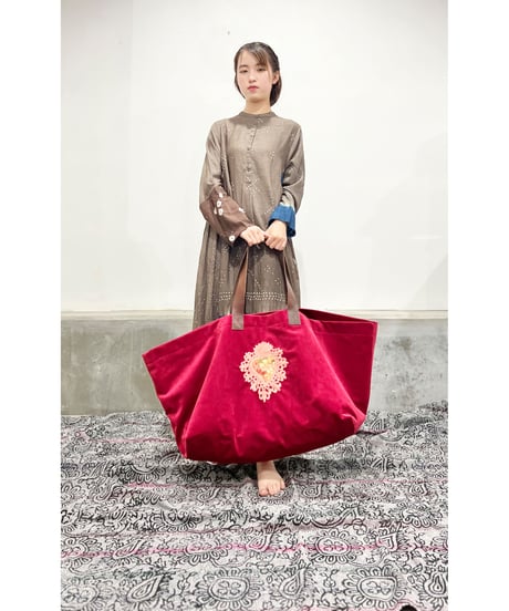 ハンド刺繍バッグ/ビッグサイズ/別珍Red