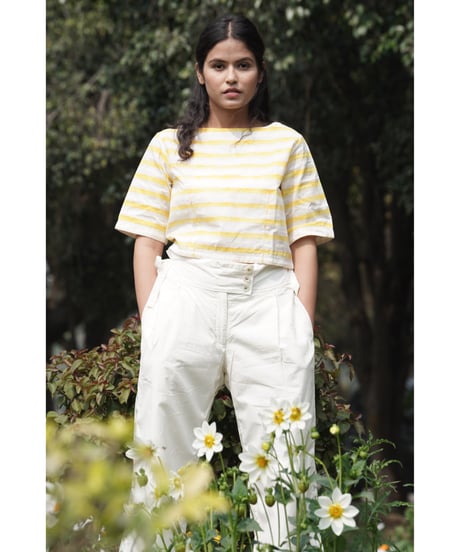 Maretha  Boat Neck top/Yellow stripes