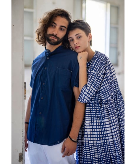 Men'sコットンシャツ(ネイビー)/HannohWessel/Mサイズ