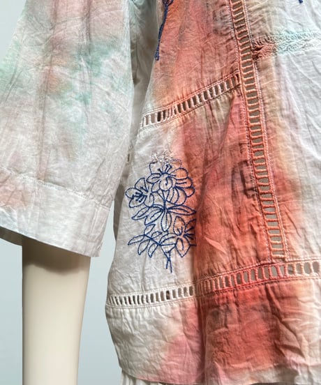 ETTA Original/パッチワーク刺繍シャツ④/ドリームダイ・レッド&エメラルド系