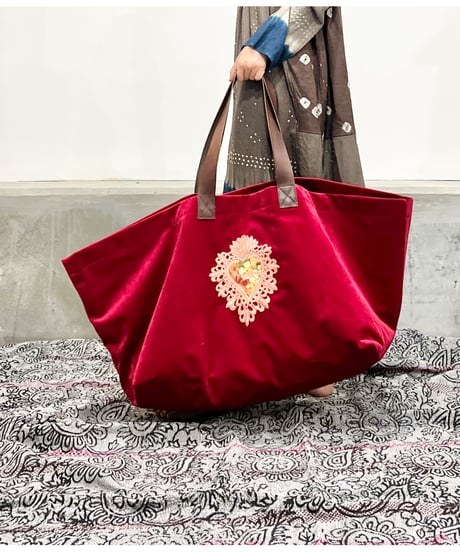 ハンド刺繍バッグ/ビッグサイズ/別珍Red